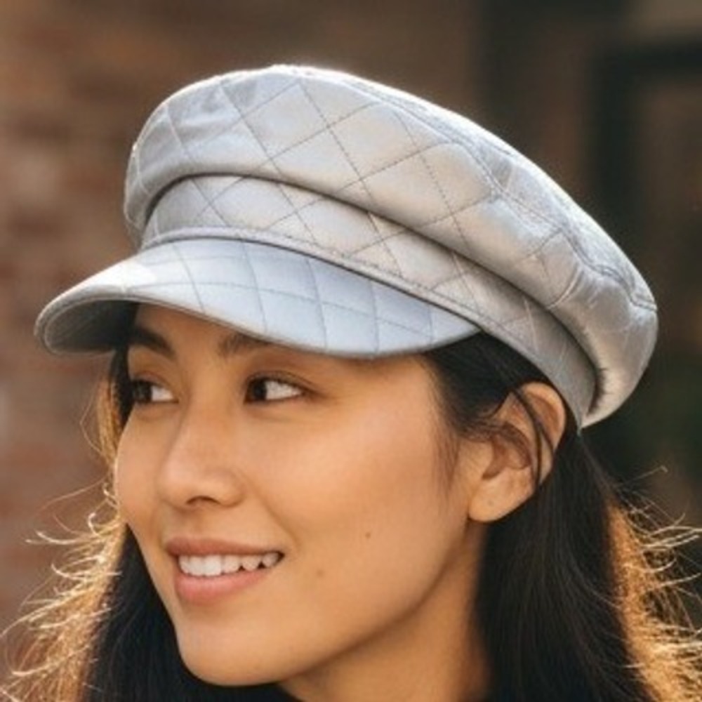 Oak & Leaf Silver Quilted Faux Leather Baker Boy Cap Newsboy Hat Women One Size